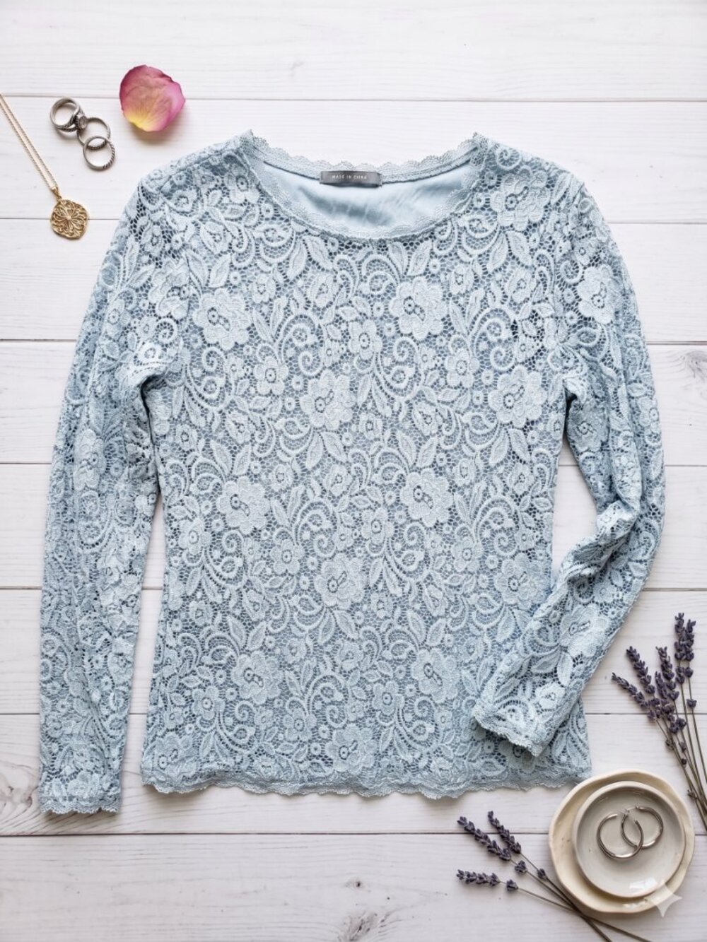 Light Blue Floral Lace Long Sleeve Top